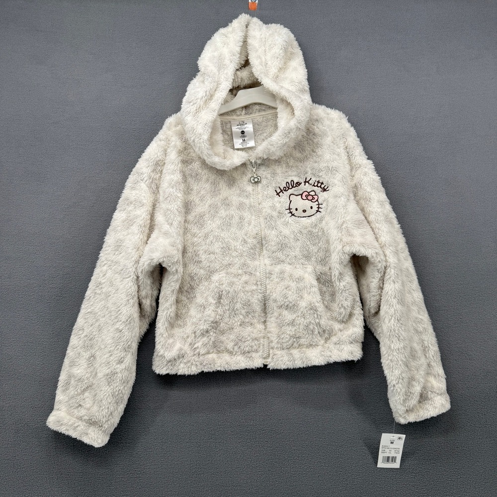 Hello Kitty Sanrio Girls Cream Faux Fur Full Zip Hoodie Jacket Medium M NEW